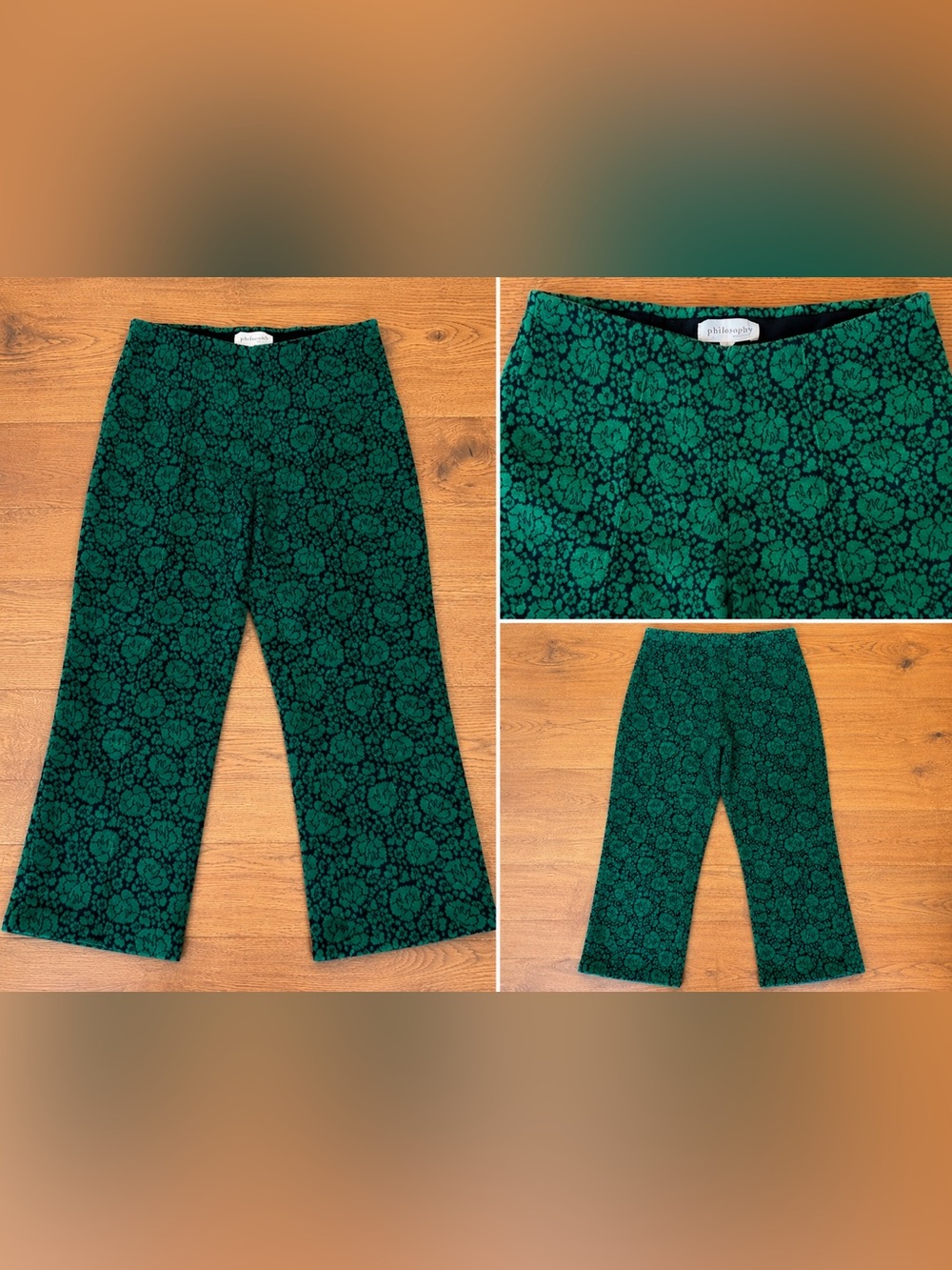 Philosophy Green Floral Jacquard Crop Flare Pants Size Medium - Picture 3 of 7